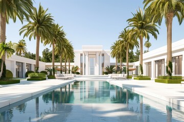A luxurious swimming pool with crystal clear water, surrounded by majestic palm trees, located in front of a white building with a stunning azure sky in the background - Powered by Adobe