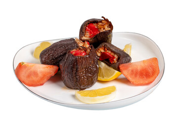 Eggplant stuffed with rice. Appetizer dishes. Stuffed eggplant with olive oil isolated on white background. local name patlican dolması