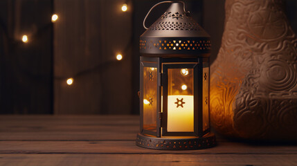 A glowing lantern with a candle inside sits on a wooden table against a dark background. - obrazy, fototapety, plakaty
