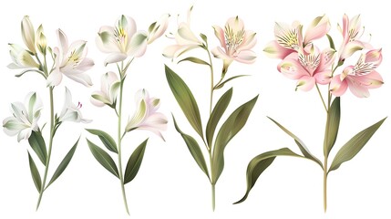 Flowers alstroemeria on a white background. Isolated delicate white and pink flowers, branches set.