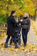 Smiling man and woman stand on park alley with perambulator.