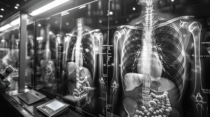Lungs x-ray image of human body in medical clinic. Black and white. - obrazy, fototapety, plakaty