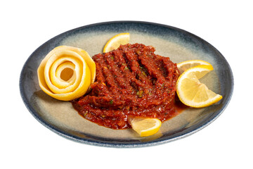 Spicy appetizer. Appetizer dishes. Spicy pate isolated on white background. local name acılı ezme