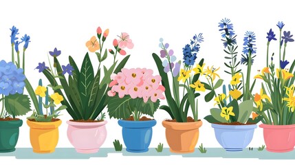 Flowers in pots home plants flat illustration banner green leaves yellow, blue, pink flowers botanical spring floral design ceramic flowerpots, hydrangea, lily, narcissus, tulip