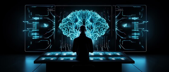 The scientist is standing in front of a futuristic panel of buttons and switches with monitors displaying brainwave patterns Panoramic view - obrazy, fototapety, plakaty