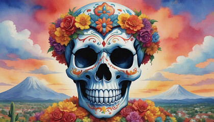 Watercolor Illustration Of Cinco De Mayo/Dia De Muertos Skull Logo