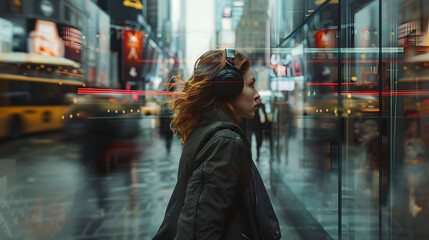 Urban Vibes: A Woman Immersed in the Bustling City Life, Lost in Thoughts with Headphones On