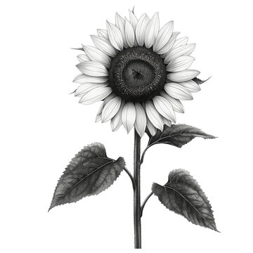 sunflower black and white line drawing isolated on transparent background