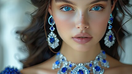 Fototapeta premium a stunning woman in extravagant attire, her ensemble elevated by the brilliance of a sapphire pendant, symbolizing beauty and luxury.