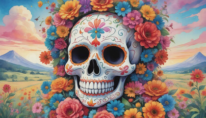 Watercolor Illustration Of Floral Sugar Skull Fiesta