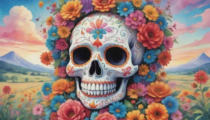 Papier Peint photo Crâne aquarelle Watercolor Illustration Of Floral Sugar Skull Fiesta