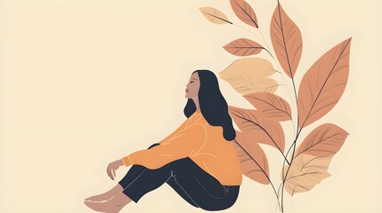 illustration of calm minimalist anonymous woman sitting with crossed legs near bright leaves against beige background - obrazy, fototapety, plakaty