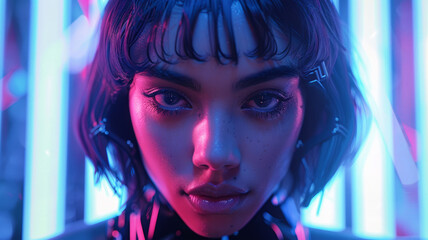 Portrait of a stylized young woman in neon lighting.