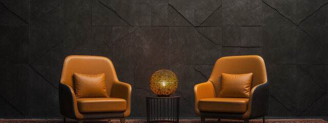 3D rendering of two orange armchairs and a table with a lamp on a carpet against a dark patterned wall