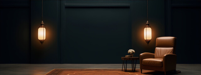 3d rendering of a dark room with a leather chair and a table with a vase of flowers on it.