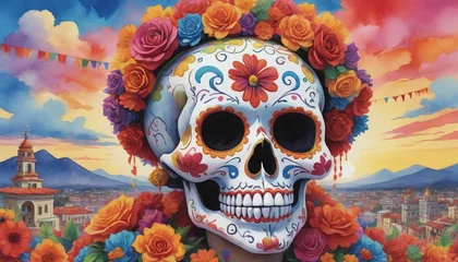 Papier Peint photo Crâne aquarelle Watercolor Illustration Of Sugar Skull In Vibrant Cinco De Mayo Celebration
