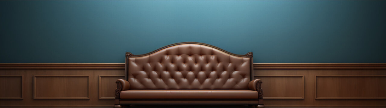 3D rendering of a vintage brown leather chesterfield sofa in a blue paneled room