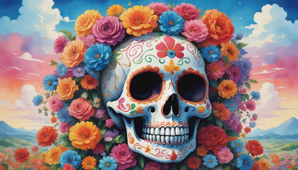 Watercolor Illustration Of Floral Sugar Skull Fiesta