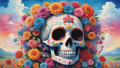 Photo sur Plexiglas Crâne aquarelle Watercolor Illustration Of Floral Sugar Skull Fiesta