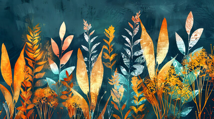 A Symphony of Nature: Vibrant Artistic Expression through Paintings of Plants, Flowers, and Golden...