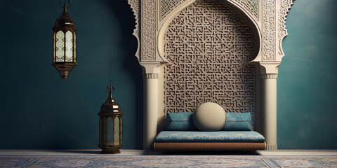 arabic style interior with blue walls and intricate carvings, sofa and hanging lanterns - obrazy, fototapety, plakaty