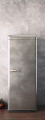 Retro silver fridge in a room with a concrete wall and wooden floor.
