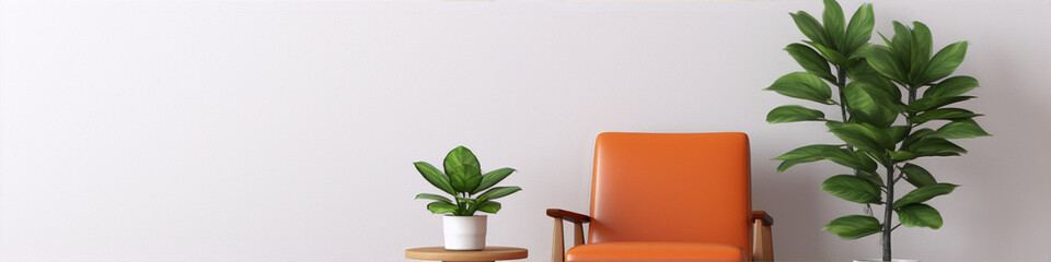 Retro orange armchair with potted plants in minimal room, 3d render