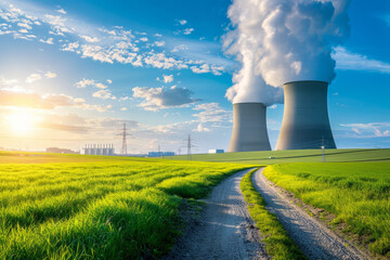 Nuclear power plant and landscape with green fields and blue sky. Generative AI