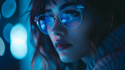 Cybersecurity Pioneer: Women in Glasses Immersed in Html Scripts, Programming, Cyber Security Research, Data Analytics, and Holographic Data Visualization