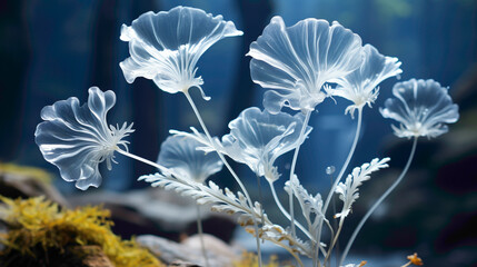 A close-up view of a rare and delicate Ghost Fern, its translucent fronds against a solid,...