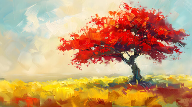 Summer Splendor: Abstract Landscape Oil Painting of a Vibrant Red Acacia Tree Amidst Open Space