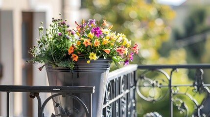 grey metal planter overflowing with blooming freesias flowers on a balcony