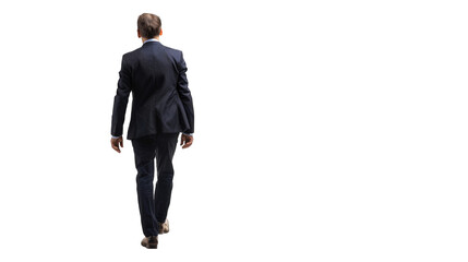 Back view of a business man holding a briefcase and walking forward. PNG file of isolated cutout object on transparent background. - Powered by Adobe