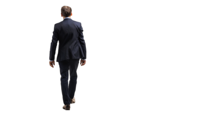 Back view of a business man holding a briefcase and walking forward. PNG file of isolated cutout object on transparent background.