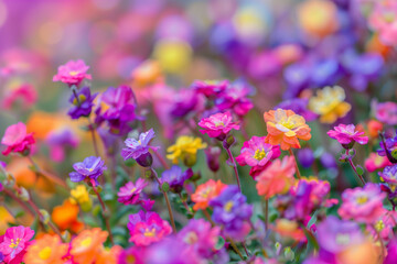 Obraz premium Colorful and beautiful flowers, abstract flowers wallpaper concept design, top view of colorful spring flower meadow, elegant floral greeting card design, Set of colorful garden flowers with leaves