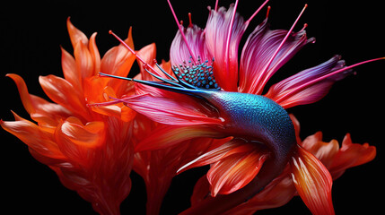 A breathtaking image of a unique Bird of Paradise flower, its striking shape and vibrant colors set...