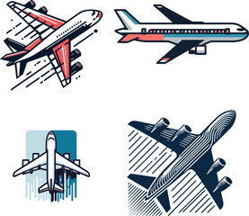 A captivating collection of four distinct airplane illustrations, each with a unique style and color palette. Perfect for creative projects and educational materials.
