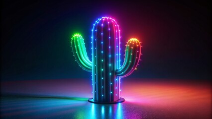 Neon cactus in neon light on dark background. 3d rendering