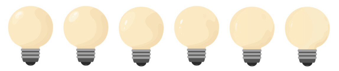Drawing of a glass bulb. Electric lamp. Turned on glowing light bulb. Vector set.