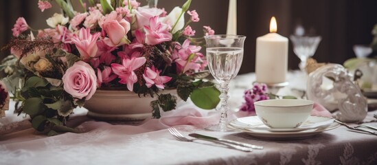 Elegantly decorated table with flowers in shades of purple, pink, and magenta, accompanied by flickering candles, wine glasses, and a delicate cup of tea