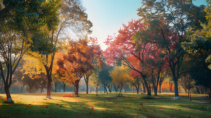 Naklejka premium Vibrant Streetscape: A Charming Scene of Colorful Trees and Cute Houses Along a Cozy Street