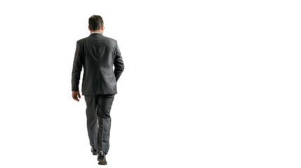 Back view of a business man holding a briefcase and walking forward. PNG file of isolated cutout object on transparent background.