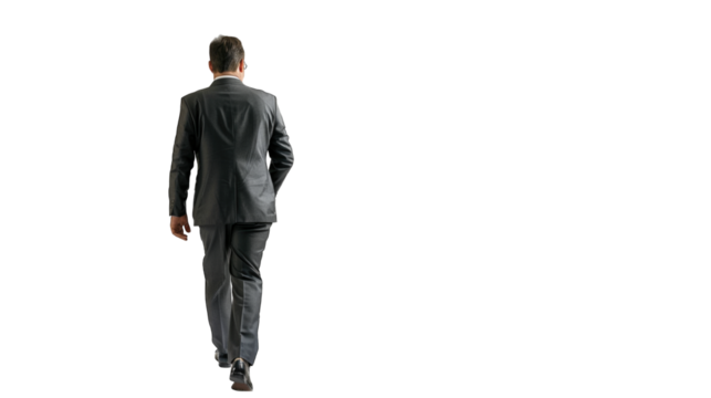 Back view of a business man holding a briefcase and walking forward. PNG file of isolated cutout object on transparent background. - Powered by Adobe