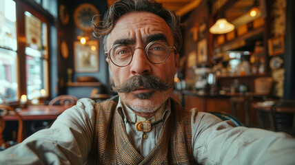 Fototapeta premium Middle-aged man with mustache indoors.