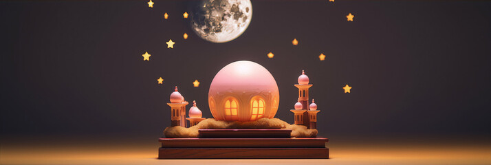 3D rendering of a mosque with a pink dome and stars in the night sky. - obrazy, fototapety, plakaty