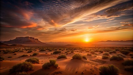 Desert landscape with cactuses at sunset.