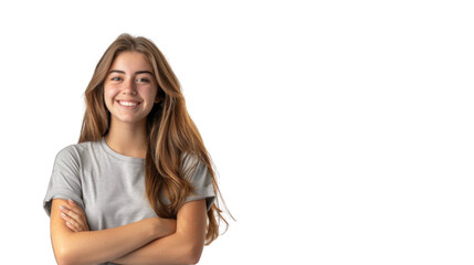 Portrait of young beautiful cute cheerful girl smiling looking at camera. PNG file of isolated cutout object on transparent background.
