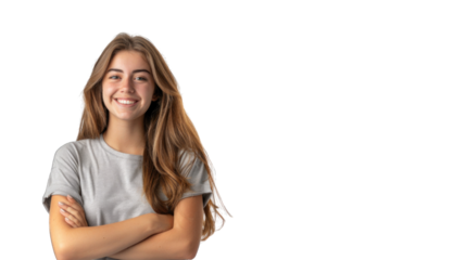 Portrait of young beautiful cute cheerful girl smiling looking at camera. PNG file of isolated cutout object on transparent background.