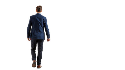 Back view of a business man holding a briefcase and walking forward. PNG file of isolated cutout object on transparent background.