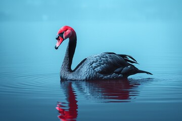 a black bird with a red head swimming in water